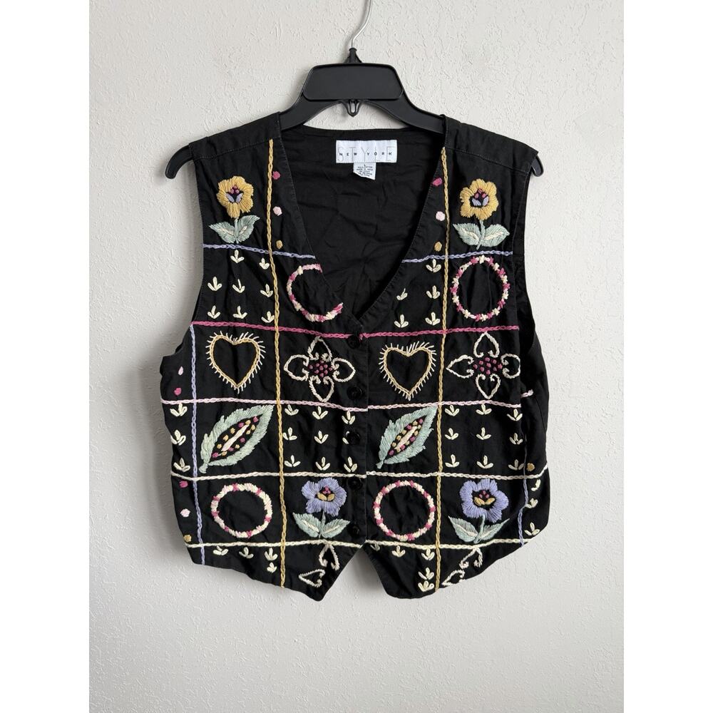 Style New York Black Embroidered Grandma Doily Chore Vest Womens L Eclectic